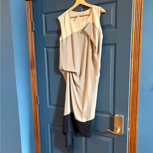 BCBG Runway Sleeveless Colorblock Bias Midi Dress - Beige Navy and Gray Small